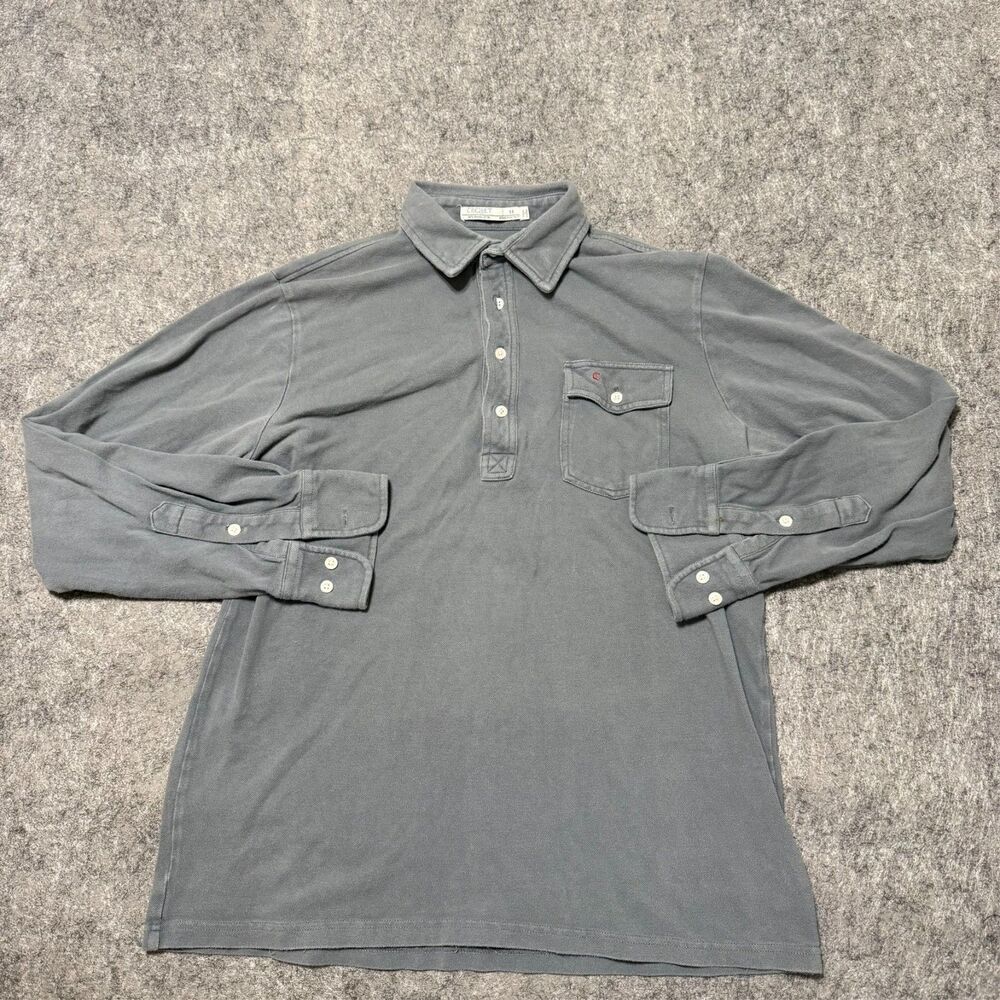 Criquet Mens M Long Sleeve Players Shirt Polo Gray Organic Cotton Pocket Golf